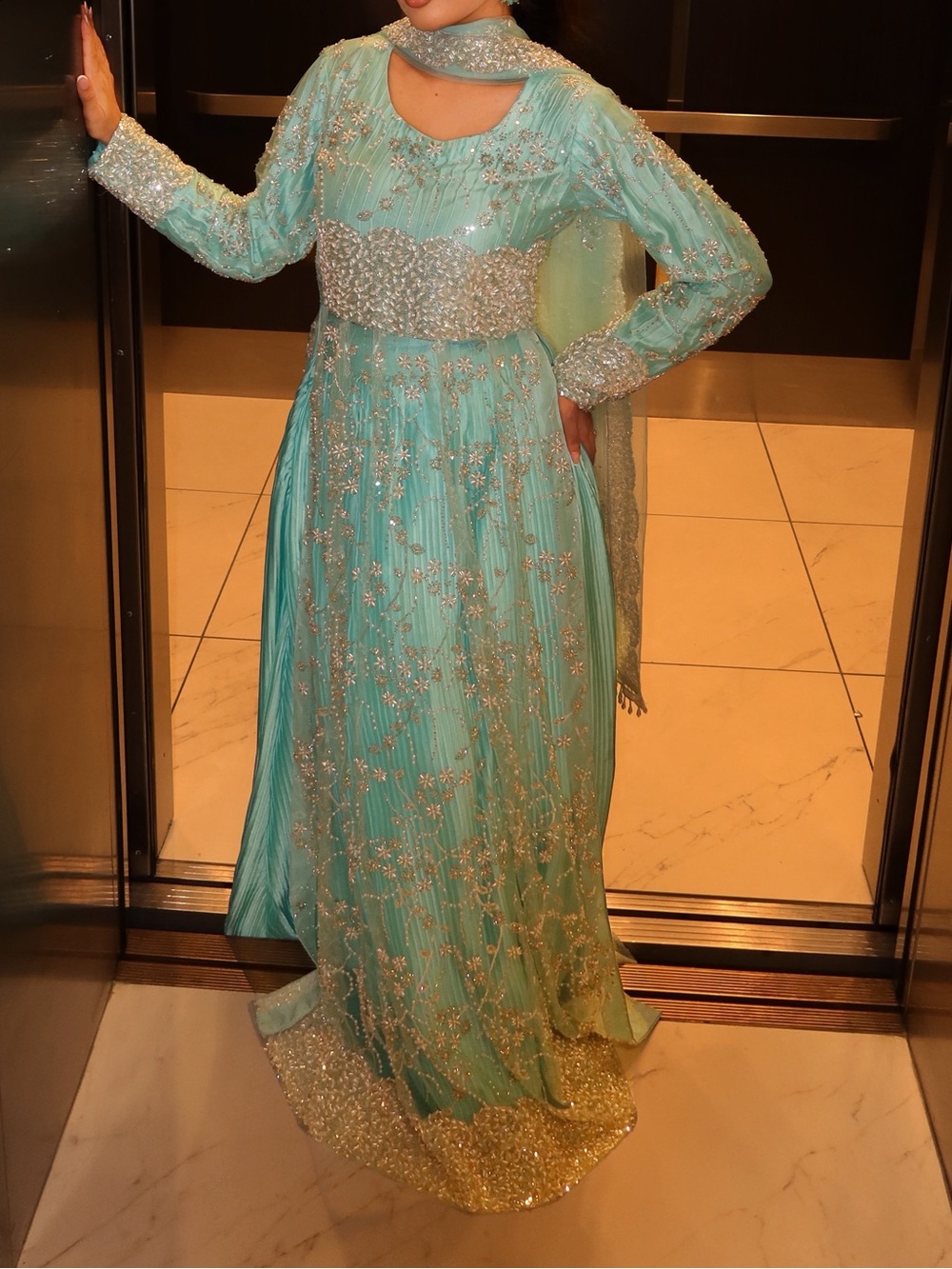 Pakistani Elegant Aqua Embellished three piece gently worn